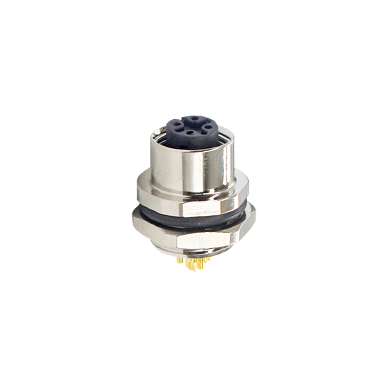 M12 5pins A code female straight rear panel mount connector M16 thread,unshielded,solder,brass with nickel plated shell